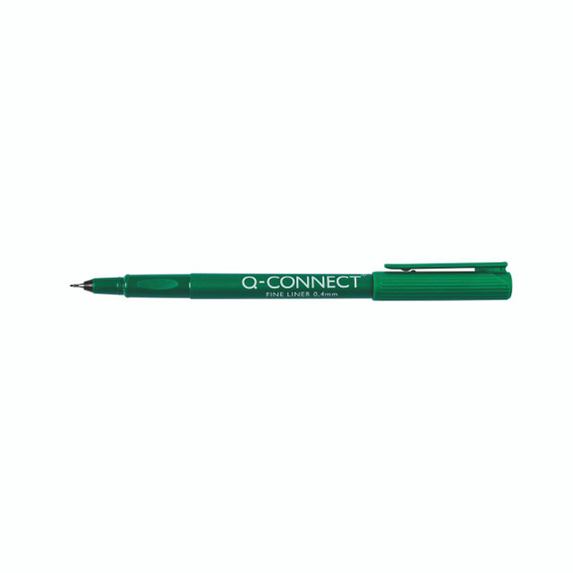 CW Office Q Connect Fineliner Pen 0.4 GRN PK10, green fineliner pen with a clip and a fine 0.4mm tip for precise writing and drawing.