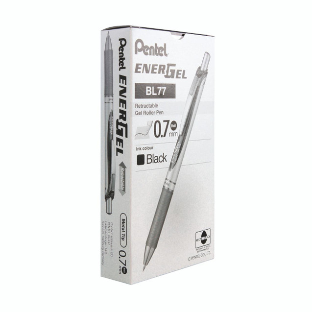 CW Office Pentel Retract Metal Tip Black PK12, product packaging box showing a retractable gel roller pen with a black ink color, 0.7mm metal tip, and ergonomic design.