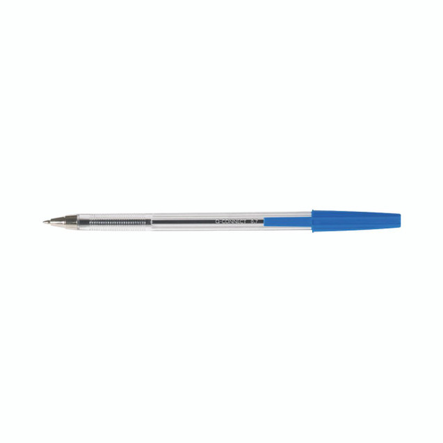 CW Office Q-Connect Ballpoint Pen Blue PK50, blue capped ballpoint pen with transparent body.