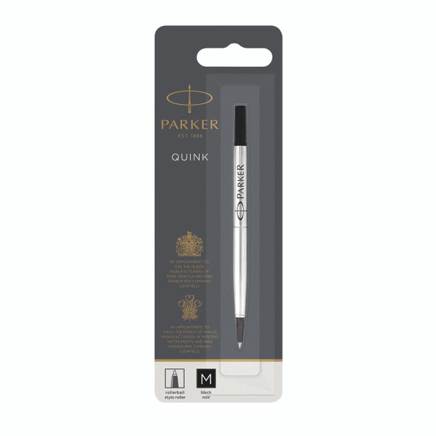 CW Office Parker BLK Rollerball Pen Rfl PK12, individual black rollerball pen in packaging.
