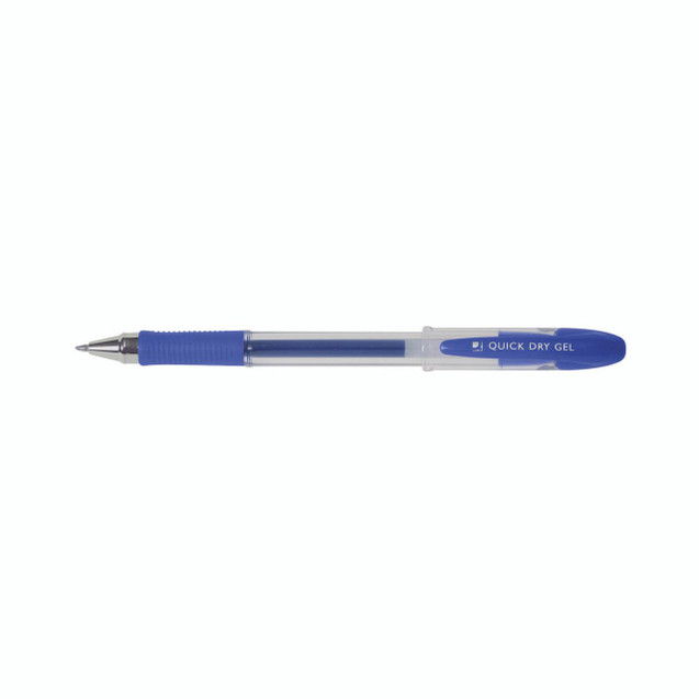 CW Office Q-Connect Delta Gel Pen Blue PK12, blue gel pen with a transparent body and a blue grip, featuring a quick dry blue ink pen design.