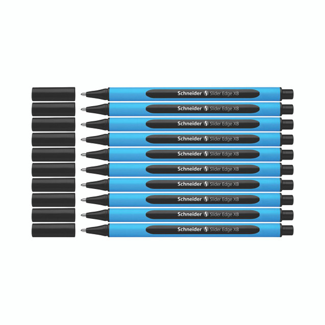 CW Office Slider Edge Xb Ballpoint Black PK10, set of 10 blue and black pens with caps removed