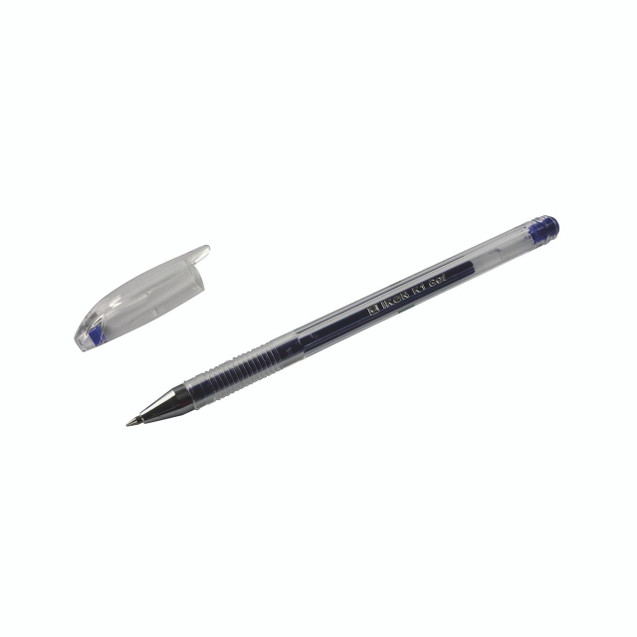 CW Office Blue Gel Pens Transp Barrel PK10, clear plastic barrel blue gel pens with transparent caps.