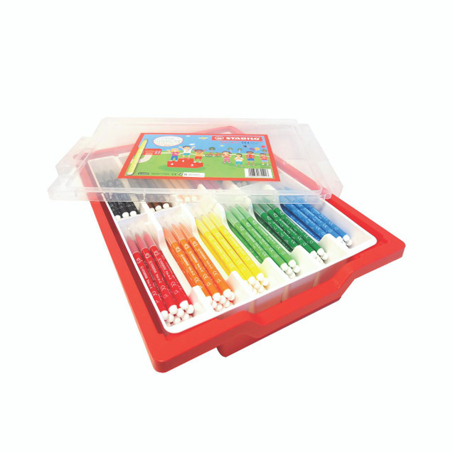 CW Office Stabilo Trio A-Z Felt Tip AST PK144, colorful assorted felt tip pens in a plastic storage case with a transparent lid.