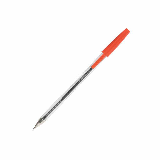 CW Office Q-Connect Ball Point Med Red PK20, red capped ballpoint pen with silver barrel and black ink