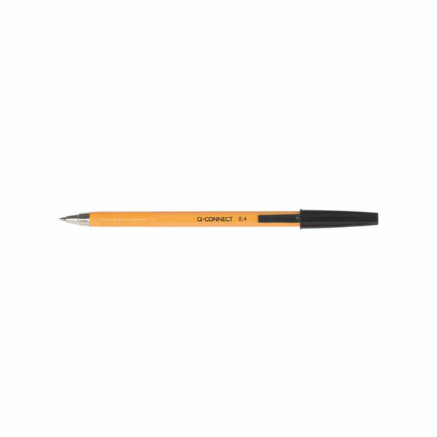 CW Office Q-Connect Ball Point Fine BLK PK20, orange and black retractable ballpoint pen with fine tip for smooth writing.