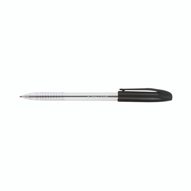 CW Office Q-Connect Stick Ballpoint Med Bk P20, clear and black pen with a retractable tip and clip for writing and note-taking.
