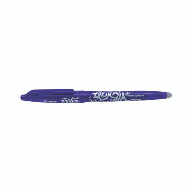 CW Office Pilot Frixion Violet Rollerball P12, purple rollerball pen with decorative white swirling design and a friction removal tip.