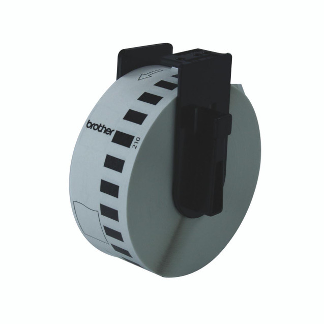 CW Office Brother Cont PPR Tpe 29MM BLK/WHT, black and white label tape roll with black tape inside for label making.