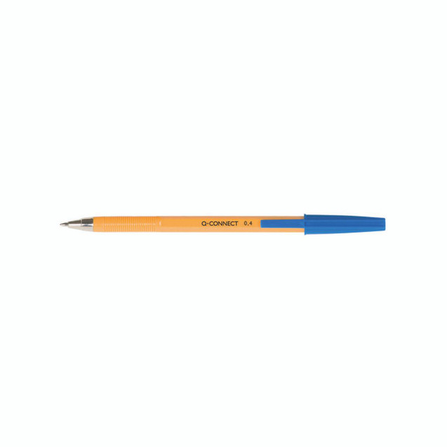 CW Office Q-Connect Ball Point Fine Blue PK20, blue capped ballpoint pen with orange barrel and blue grip and cap, fine tip