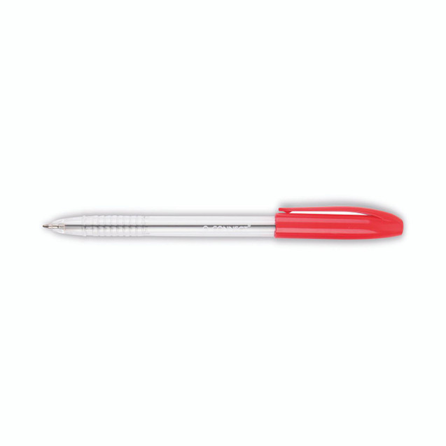 CW Office Q-Connect Stick Ballpoint Med Rd P20, clear and red ballpoint pen with a grip and clip for writing.
