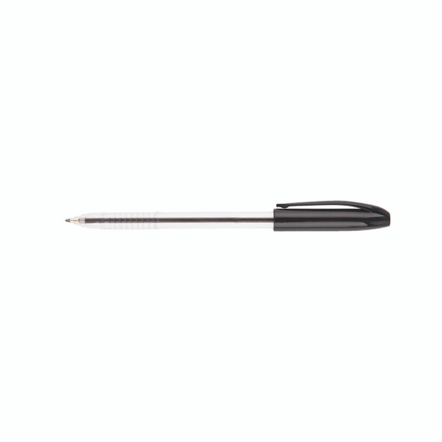 CW Office Bpoint Pen Security Ink Med BLK PK20, a black and transparent ballpoint pen with a retractable tip and clip for secure and smooth writing.