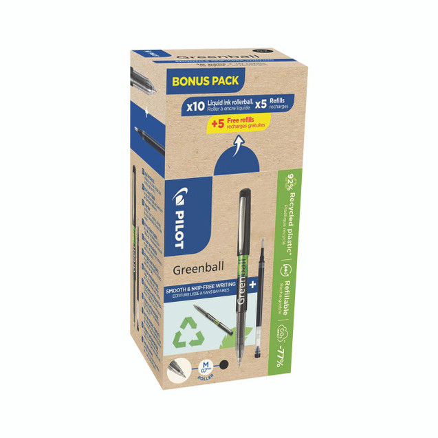 CW Office Pilot Greenball Rbl BLK Pen/Rfl PK20, boxed green ink rollerball pen with refill packs and eco-friendly recycled plastic packaging.