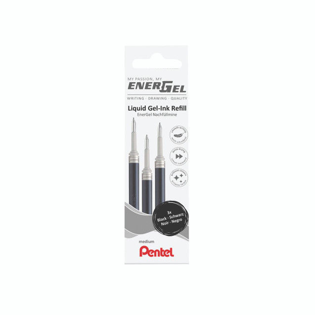 CW Office Pentel Energel Refill Wallet BLK PK3, black gel ink pen refills in a pack of three for smooth writing and quick drying.