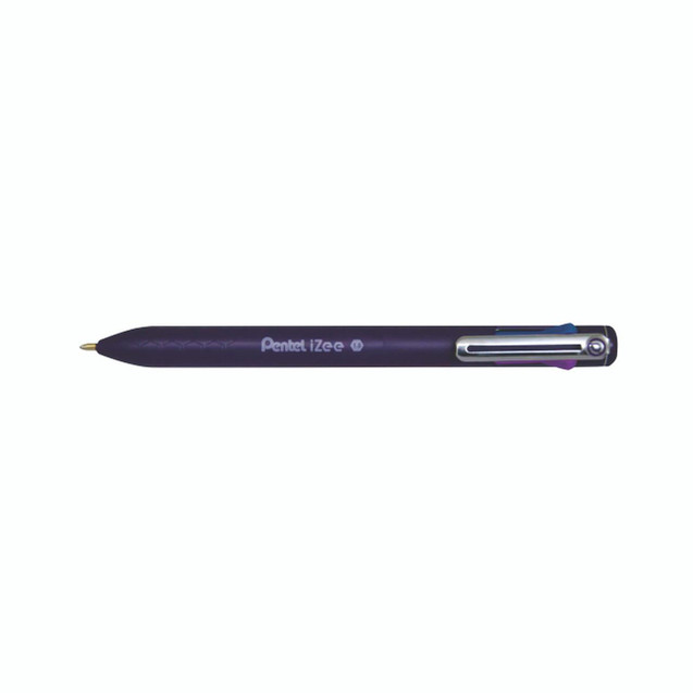 CW Office Pentel Izee 4 Colr Ballpoint Pen, purple pen with silver clip and branding, designed for multi-color writing.