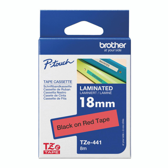 CW Office Brother Tze Tpe 18MMX8M BLK/Red Tpe, Laminated Tape for Label Makers with black text on red tape, 8 meters long.