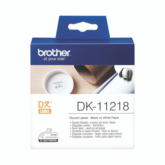 Product CW Office Brother Lbl 24 Rnd BLK On W DK11218, box of round black labels on white paper for label printers.
