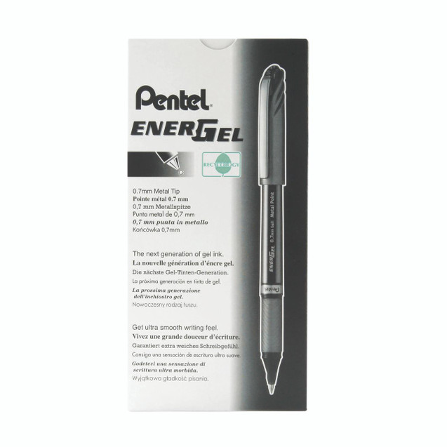 Product CW Office Pentel Energel Rollerball Black, image of a black ink rollerball pen with a metal tip on packaging.