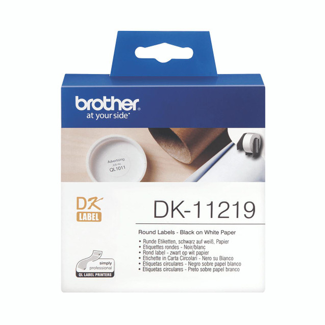 CW Office Brother Lbl Roll 12MM Rnd BLK On WHT, round black on white paper label roll for office use.