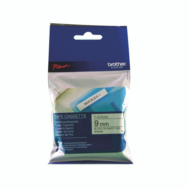 CW Office Brother P-Touch Tape, 9mm black on white thermal tape in packaging.