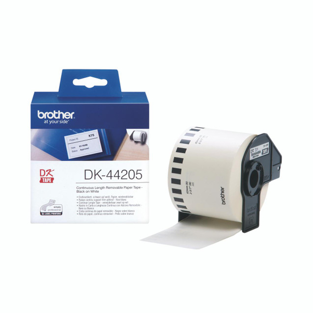 Product CW Office Brother Cont PPR Lab Rl 62MM BLK/WHT, black and white continuous length removable paper tape roll with packaging and dispenser.