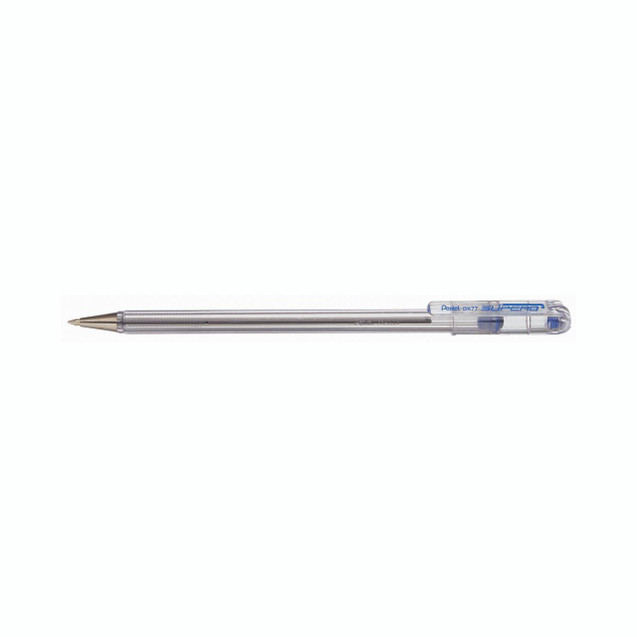 CW Office Pentel BK77 Superb Ball Pen Blue, clear plastic pen with blue accents and tip, featuring a retractable ballpoint and ergonomic grip for smooth writing