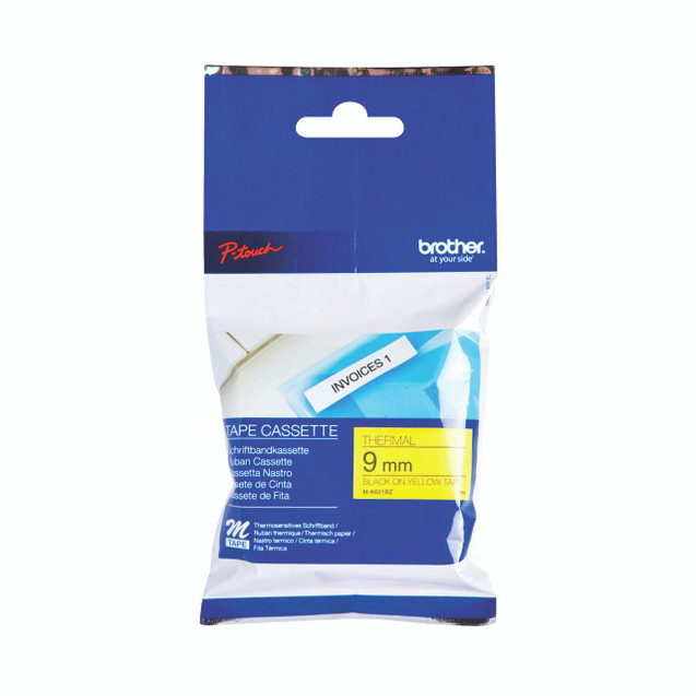 CW Office Brother P-Touch Tpe 9MM BLK/Ylw Tpe, product packaging of thermal tape in black on yellow tape for label making.