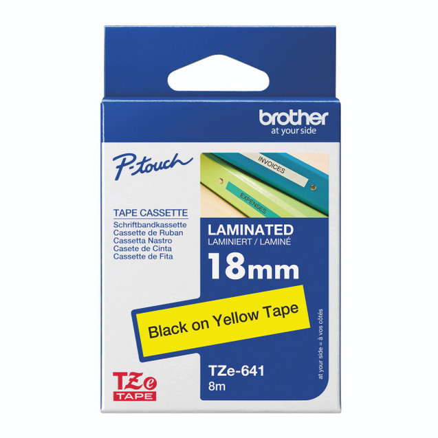 CW Office Brother Tze Tpe 18MMX8M BLK/Ylw Tpe, image of packaging for laminated tape in black on yellow tape for office and labeling use.