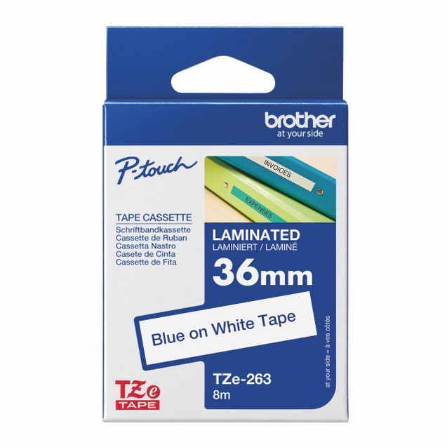CW Office Brother Tze Tpe 36MMX8M Blue/WHT Tpe - Laminated adhesive tape in blue on white tape, 8 meters length, ideal for labeling and organization.