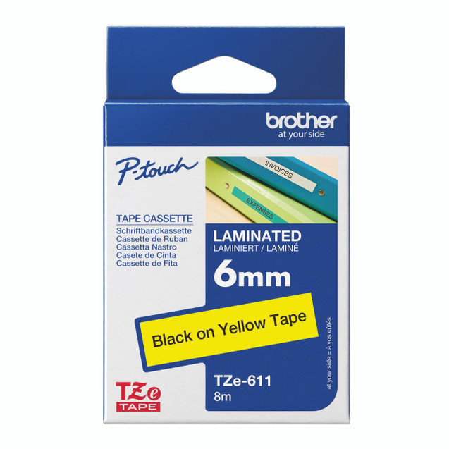 CW Office Brother Tze Tpe 6MMX8M BLK/Ylw Tpe, laminated tape in a blue and white packaging with yellow label indicating "Black on Yellow Tape"