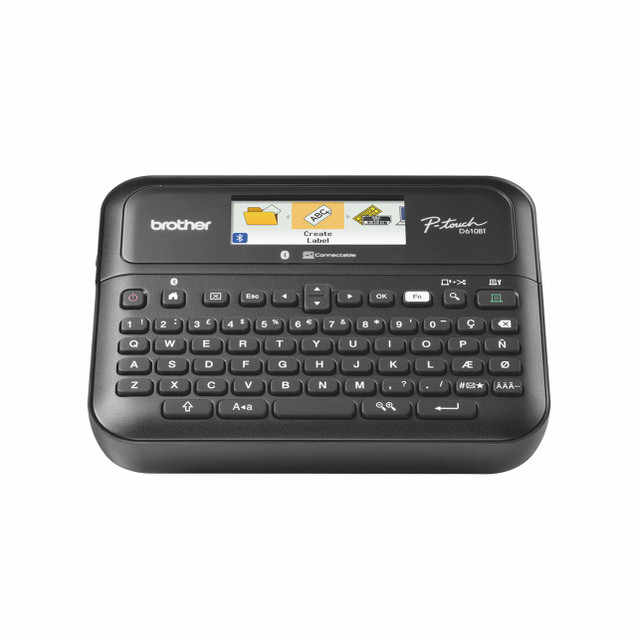 CW Office Brother PT-D610BTVP Label Printer, compact electronic label maker with QWERTY keyboard, color display, and built-in functions for label creation.