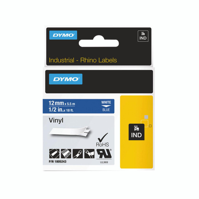 CW Office Dymo Rhino Vinyl Tape 12MM BLK/WHT, product packaging with black, white, blue, and yellow design elements, showing the tape specifications and branding.