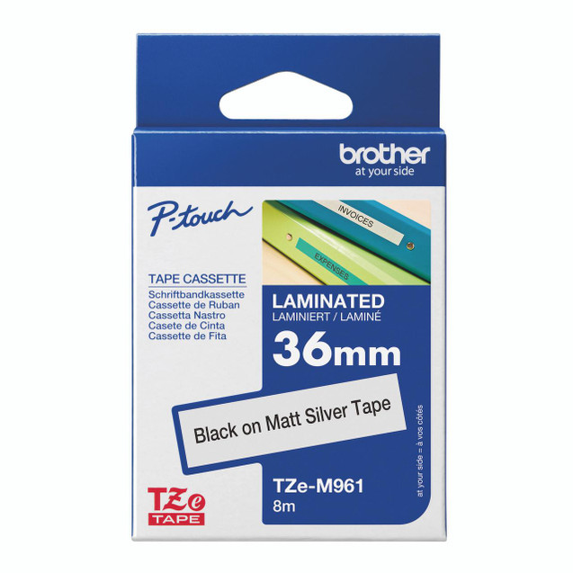 Product CW Office Brother Tze Tpe 36MM BLK/Matte SLV, packaging of laminated tape in black on matte silver tape.