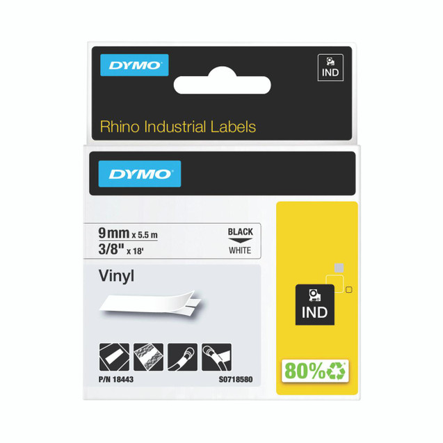 CW Office Dymo Rhino Vinyl Tape 9MM BLK/WHT, product packaging showing black and white vinyl tape with 9mm width and 5.5 meters length for industrial labeling.