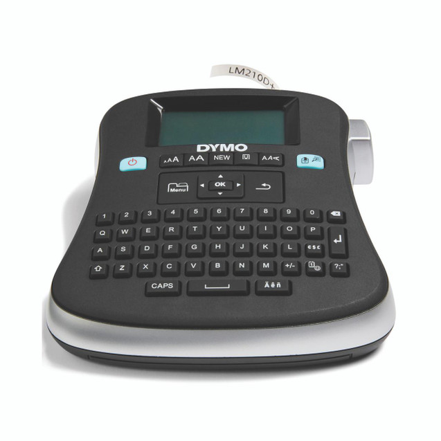 CW Office Dymo Labelmanager 210D Tmal Printer, handheld label maker with a small screen, black keyboard, and a label tape extending from the side.
