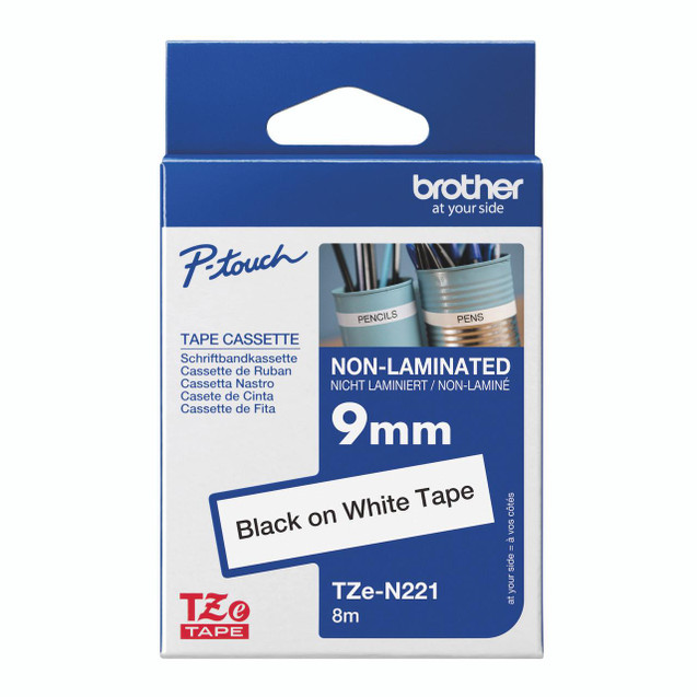 Product CW Office Brother Tze N-L Tpe 9MM BLK/WHT Tpe, image of non-laminated black on white tape cassette in blue packaging.