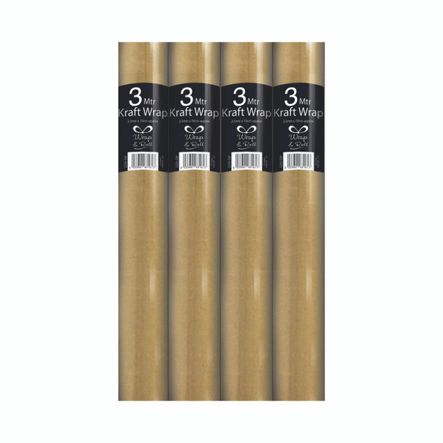 CW Office Eurowrap Plain 60GSM 3M Kraft Wrap, rolls of kraft paper wrap for packaging and wrapping, displayed in a row with black labels