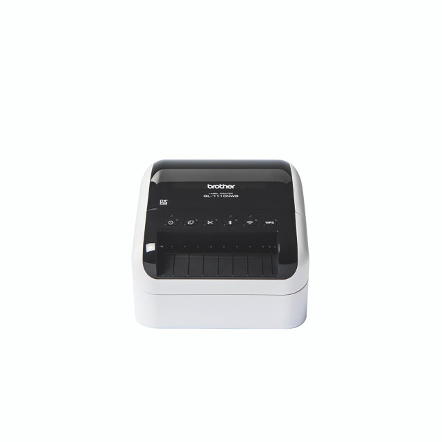 CW Office Brother QL-1110NWBC Label Printer, front view of a compact, black and white label printer with control buttons and a printing area.