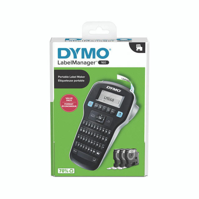 CW Office Dymo LabelManager 160 KIT/3X D1 Tape, portable label maker with digital display and multiple tape cartridges included.