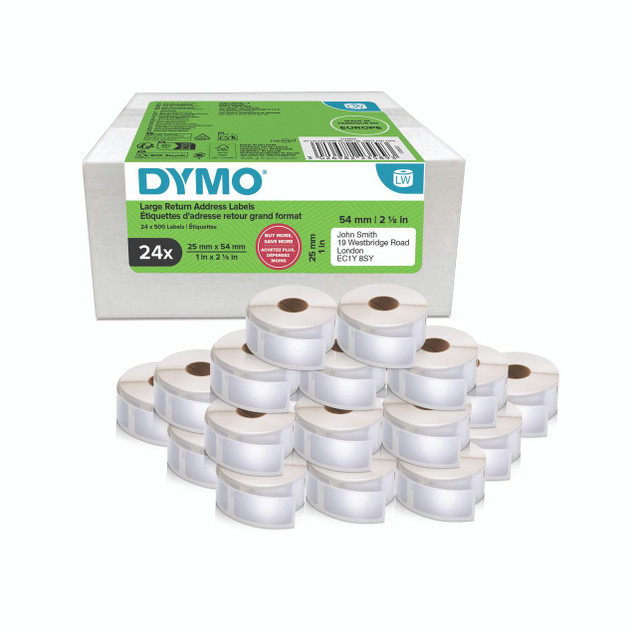 Product CW Office Dymo Large Return Address Labels, pack of 24 labels measuring 25x54mm with a white background and a peel-off backing.