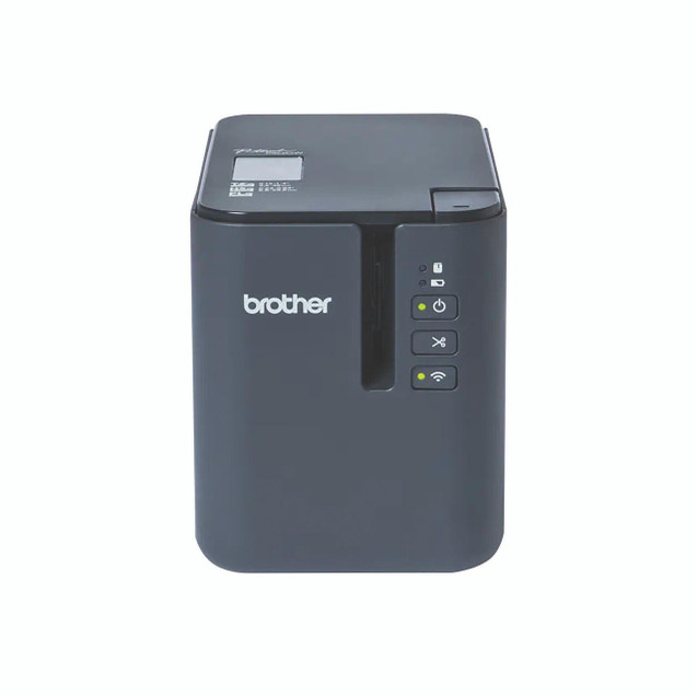 CW Office Brother PT-P900WC Wls Label Machine, compact black label printer with control buttons on the front and a digital display, designed for printing labels efficiently.