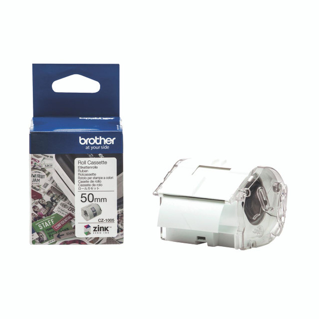 CW Office Brother Label Roll 50MM X 5M CZ1005, clear tape dispenser with label roll and packaging box with product details.