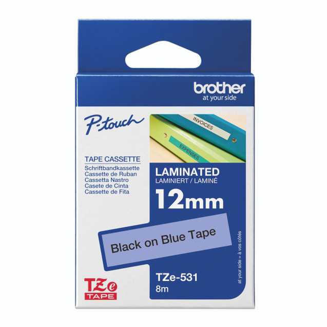 CW Office Brother Tze Tpe 12MMX8M BLK/Blue Tpe - Laminated tape for printers and label makers in black on blue tape with packaging