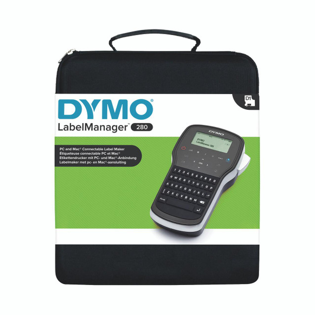 CW Office Dymo Labelmanager 280 Kit Case, black carrying case with a handle containing a Dymo LabelManager 280 electronic label maker with a keyboard and LCD screen.