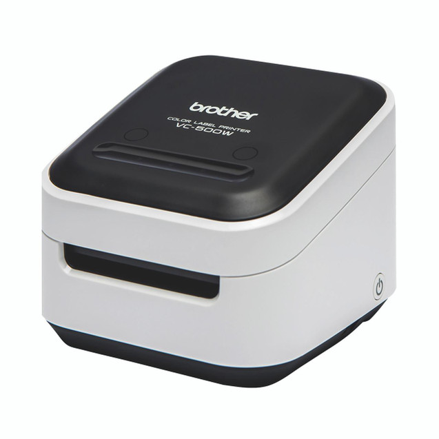 Brother VC-500WCR Printer, compact color label printer with black top and white body, power button on side, suitable for office use.