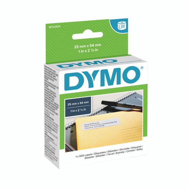 CW Office Dymo Ret Address Lab 54X25 WHT PK500, white label tape in a box with label image and product specifications.