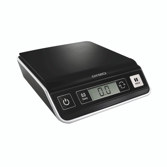CW Office Dymo M2 Mailing Scale 2KG Emea BLK, digital postal weighing scale with a black and silver design and LCD display.