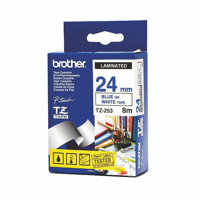 CW Office Brother Tze Tpe 24MMX8M Blue/WHT Tpe, packaged blue and white laminated tape cassette with 24mm width for labeling.