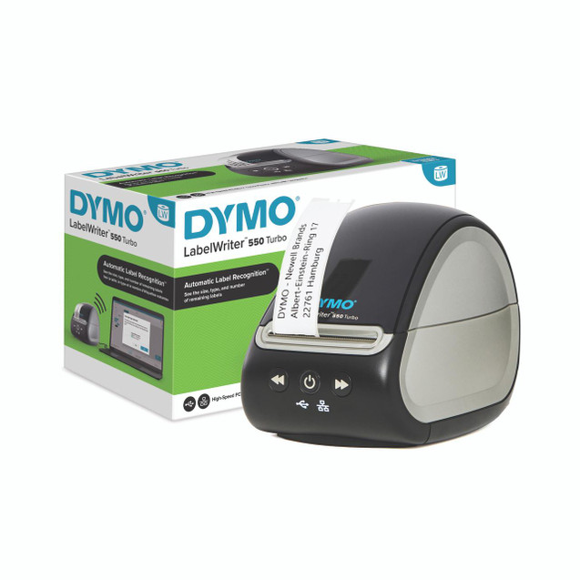 CW Office Dymo Labwriter 550 Turbo Lab Printer, compact black and gray label printer with control buttons below the paper slot, alongside its packaging box with product details and images.