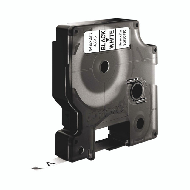 CW Office Dymo D1 Labelmaker Tape 6MM BLK/WHT, black and white label tape cartridge for label makers.